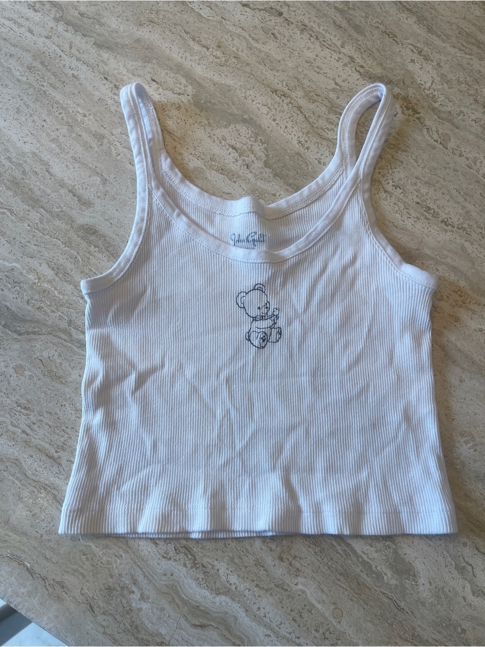 John Galt White Ribbed Tank Top with Bear Graphic